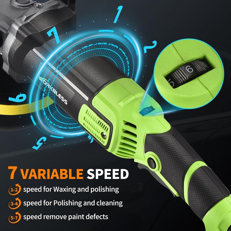 WorkBless Buffer Polisher, 1600W 6"/7" Rotary Car Polisher with 7-Speed(1600-3500 RPM), Car Buffers and Polishers Kit for Cars, Boats, Floors, Furniture - Image 5